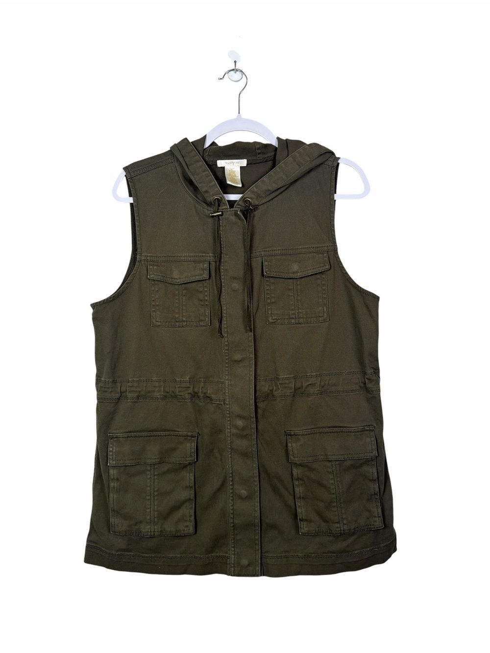Matty M Utility Vest Hooded Olive Green Cargo Vest Safari Military Style Large
